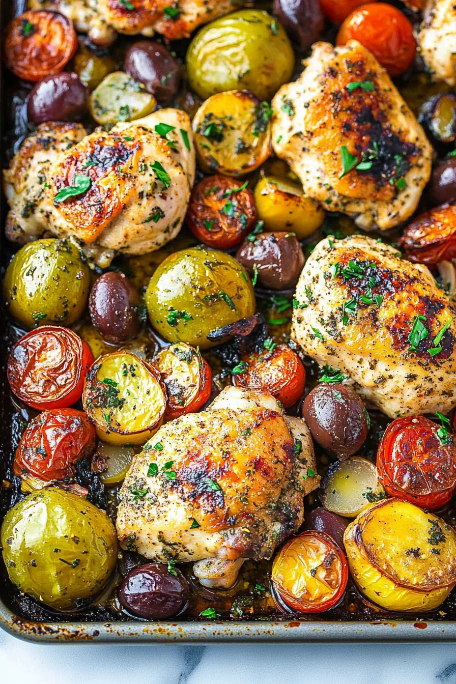 Golden baked chicken surrounded by colorful tomatoes, olives, and potatoes