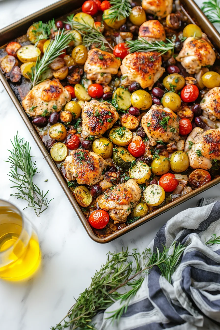 Sheet pan filled with crispy chicken, roasted potatoes, and blistered tomatoes