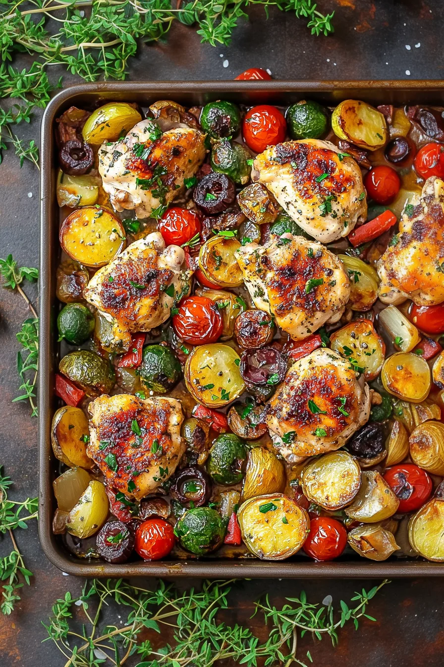 Oven-roasted chicken with fresh herbs, potatoes, and vibrant tomatoes