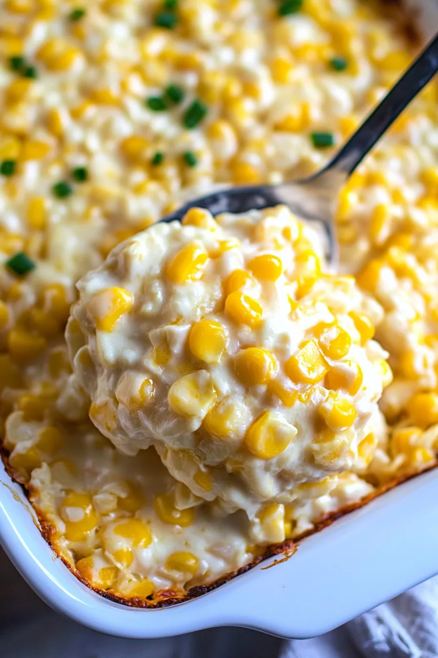 Serving of cheesy corn casserole on a plate with a spoon
