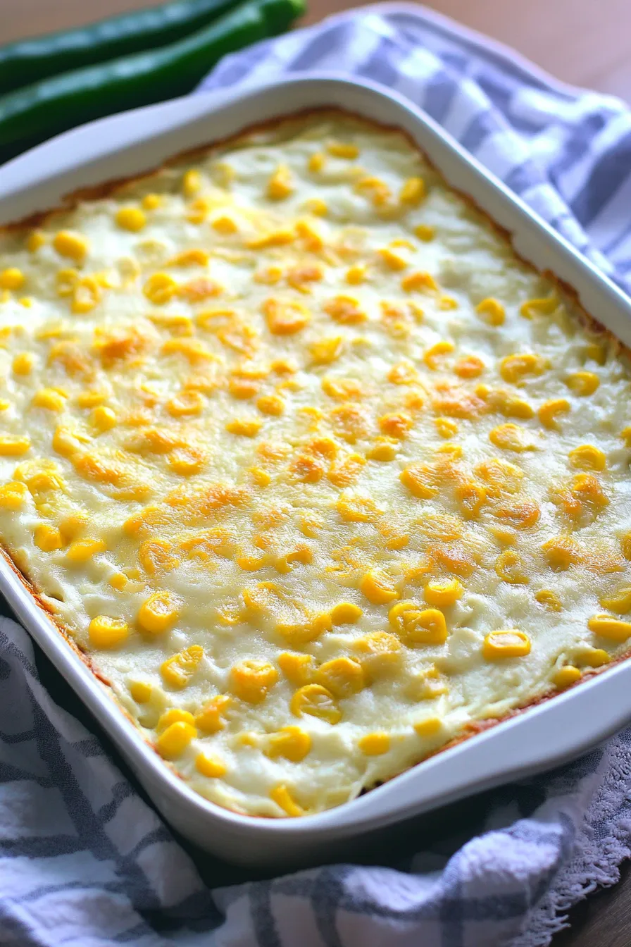 Baked casserole topped with golden, melted cheese in a white dish