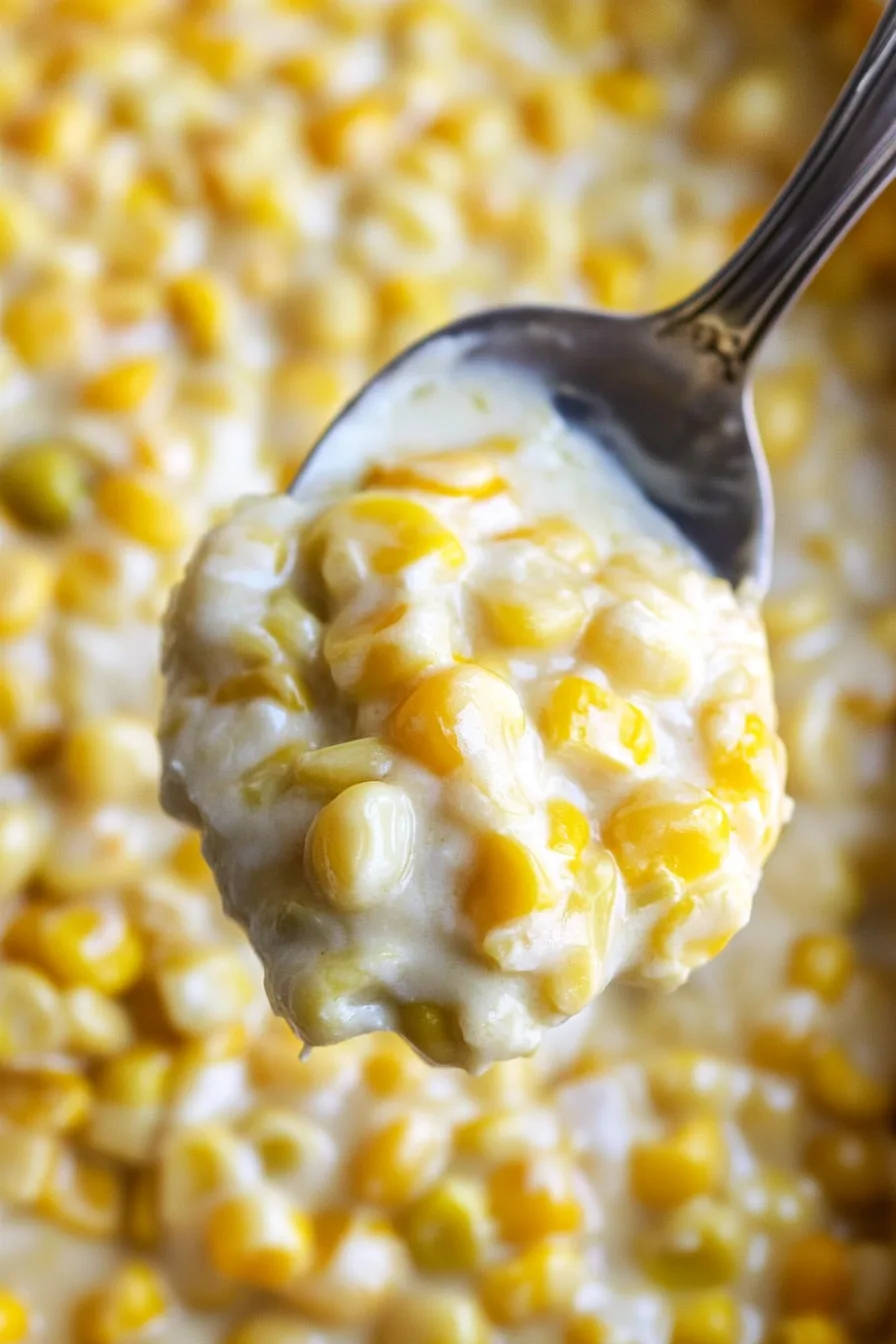 Spoonful of creamy baked corn with melted cheese