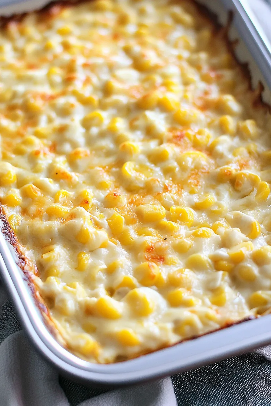 Overhead shot of a baked corn and chile casserole fresh from the oven
