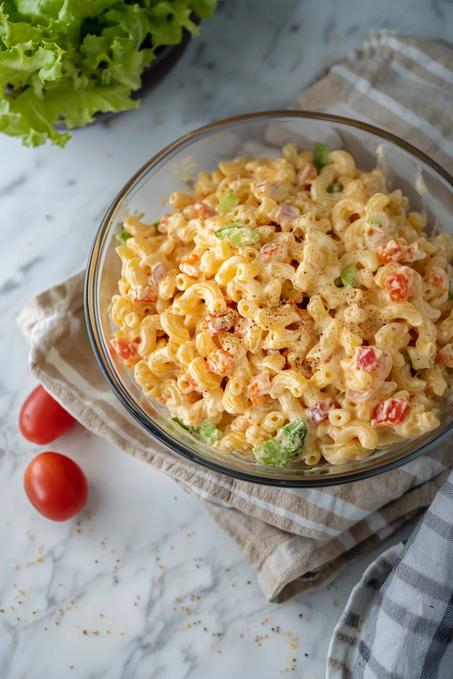 Bowl of creamy macaroni salad with colorful vegetables mixed in.