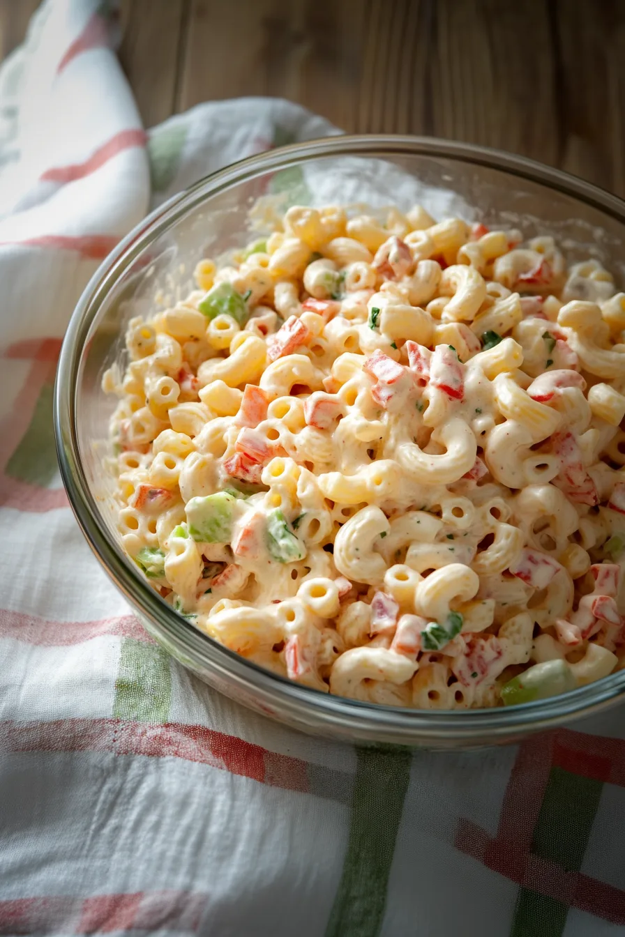 Overhead shot of a chilled salad with macaroni, carrots, and celery.