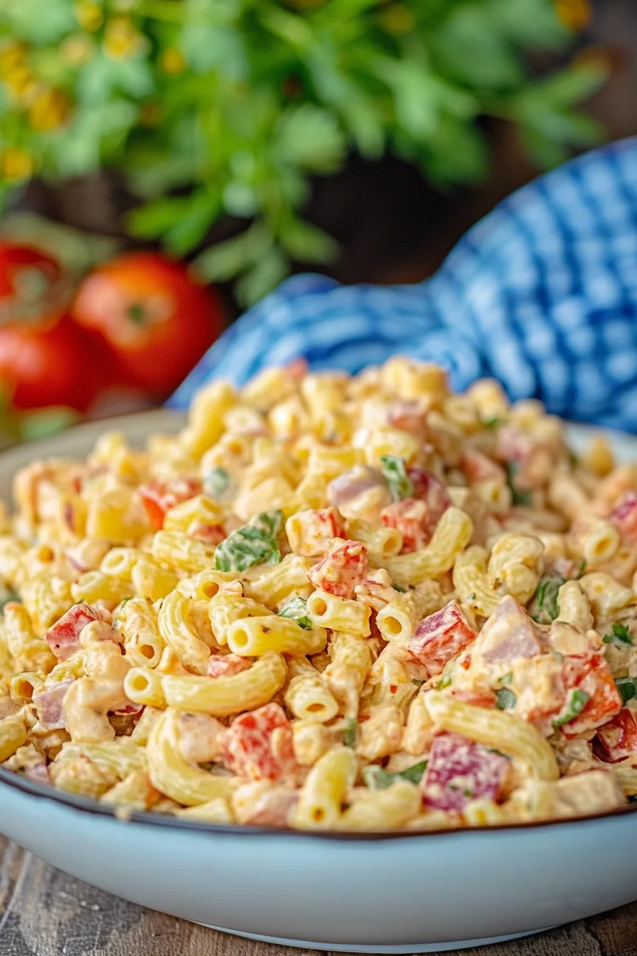 A hearty serving of macaroni salad on a white plate, ready to enjoy.