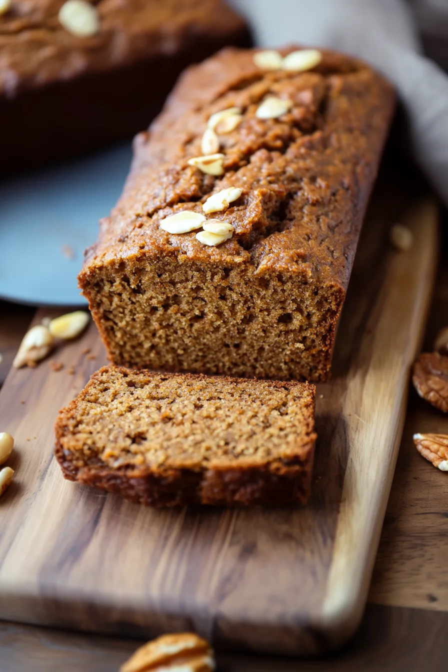 Freshly baked loaf of spiced quick bread on a wooden board.