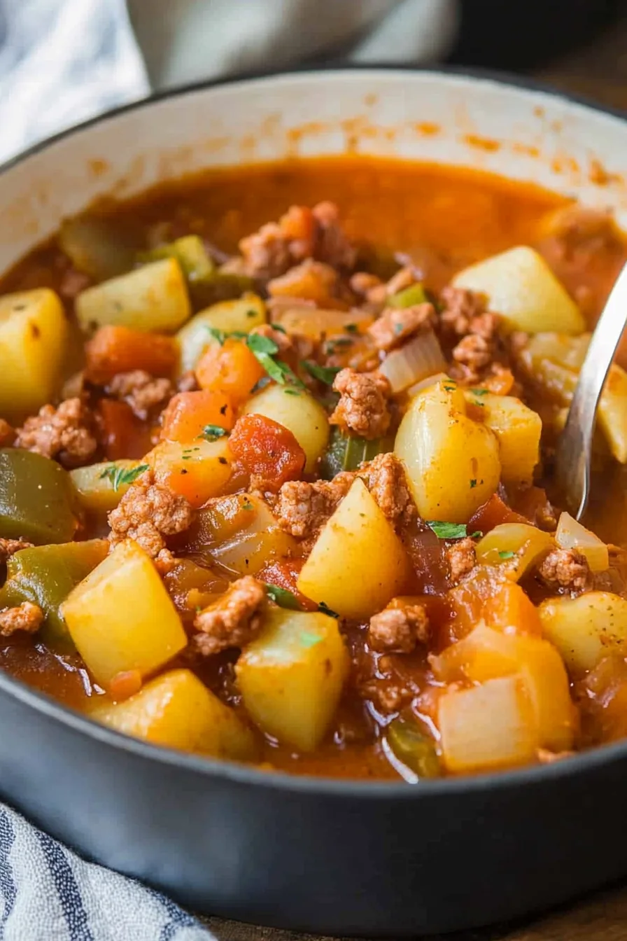 Steaming stew ladled into a ceramic bowl with fresh parsley on top.