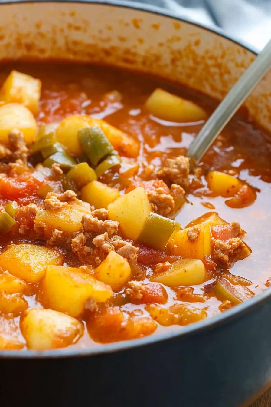 Close-up of a hearty stew filled with ground beef, potatoes, and carrots.