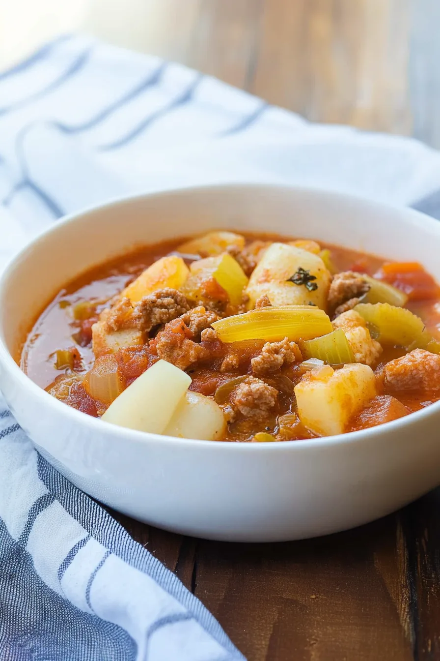 Comfort food dinner of thick, chunky stew in a white serving dish.