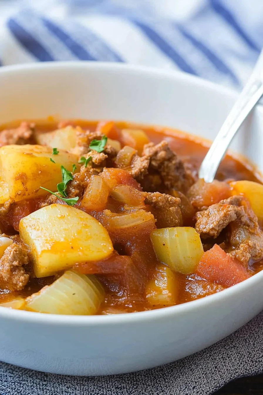 Overhead view of a cozy one-pot meal with meat, potatoes, and vegetables.