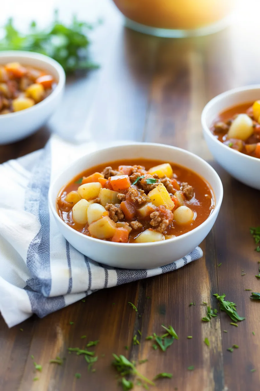 A bowl of rustic beef and vegetable stew served warm on the table.