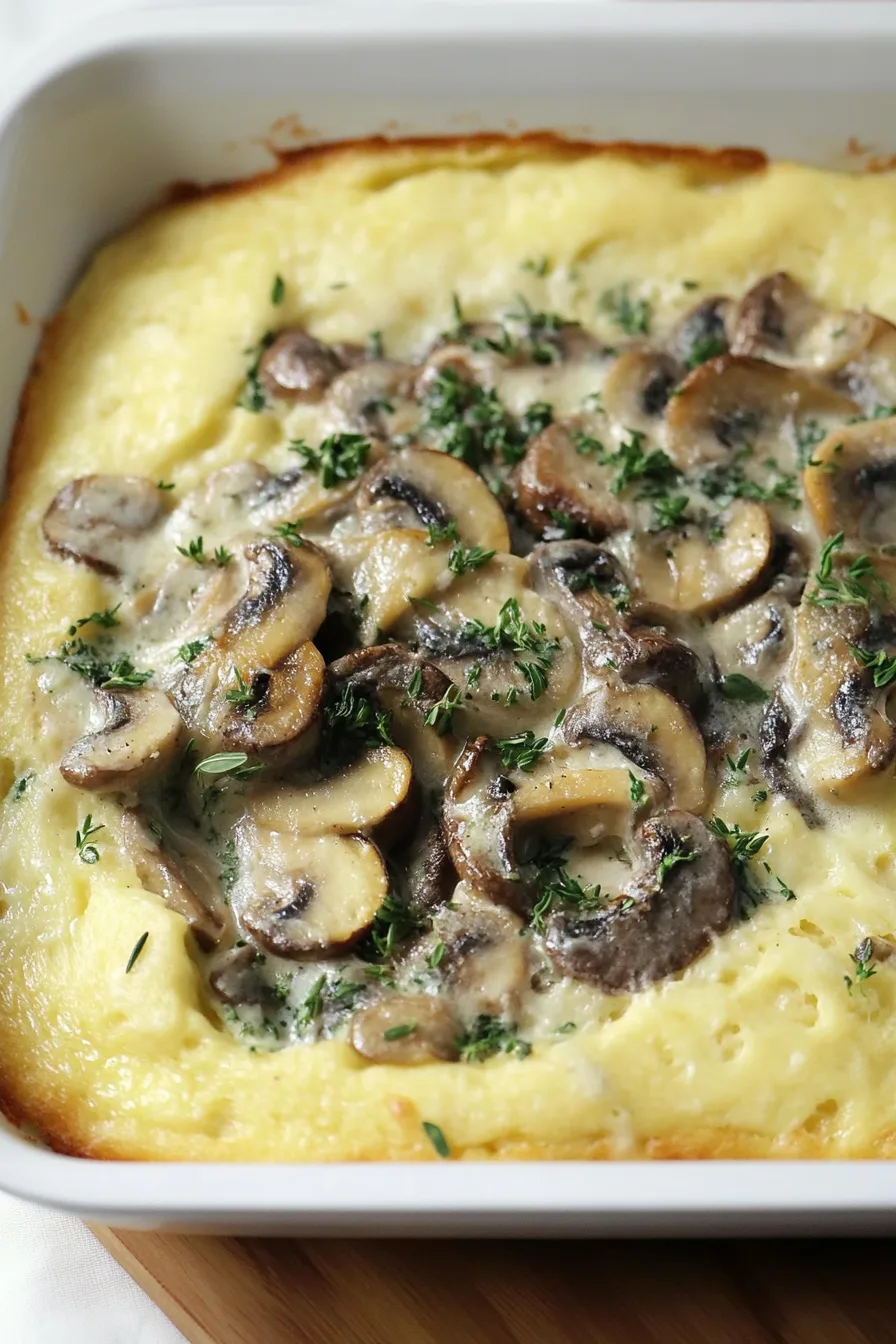 Close-up of fluffy spoon bread garnished with parsley and mushrooms