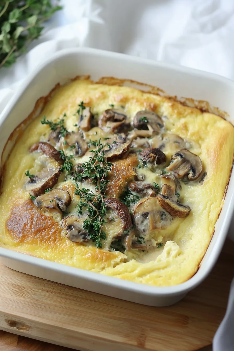 Herb-seasoned spoon bread in a casserole dish with mushrooms on top