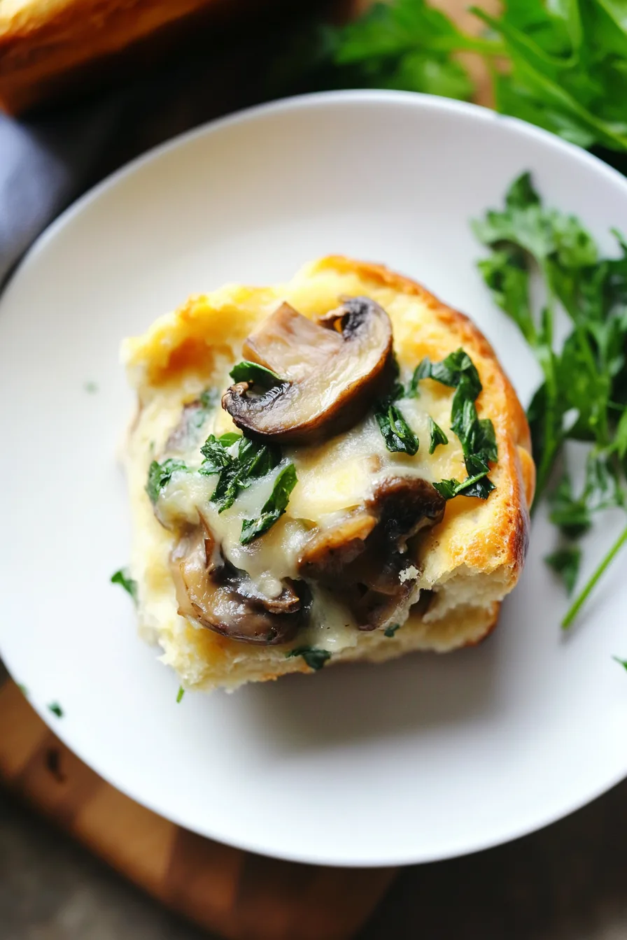 Golden-brown spoon bread topped with sautéed mushrooms and fresh herbs in a rustic dish