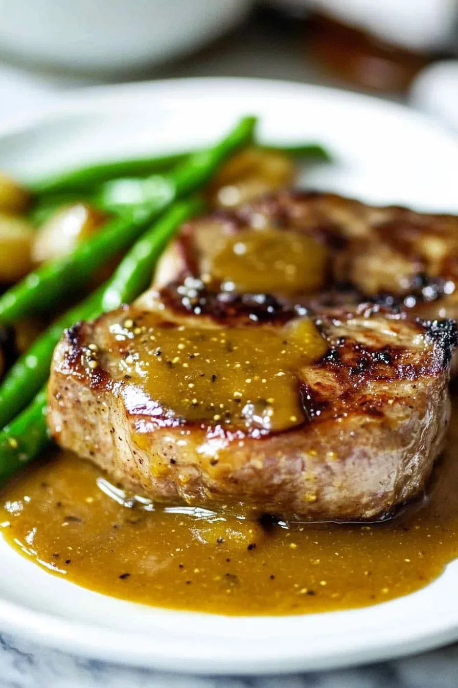 Juicy pork chops served with a golden honey mustard glaze