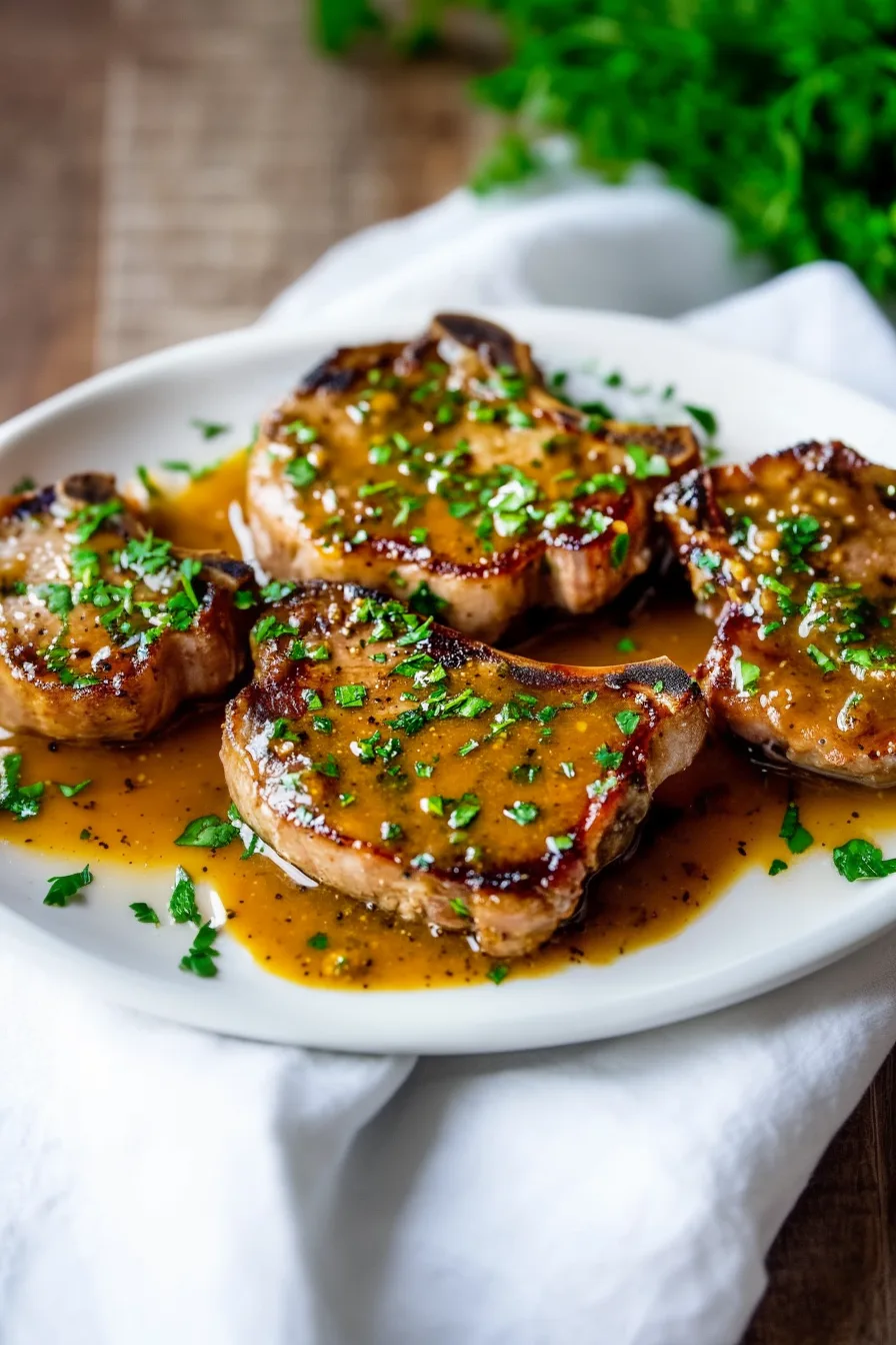 Tender pork chops finished with a rich honey mustard coating