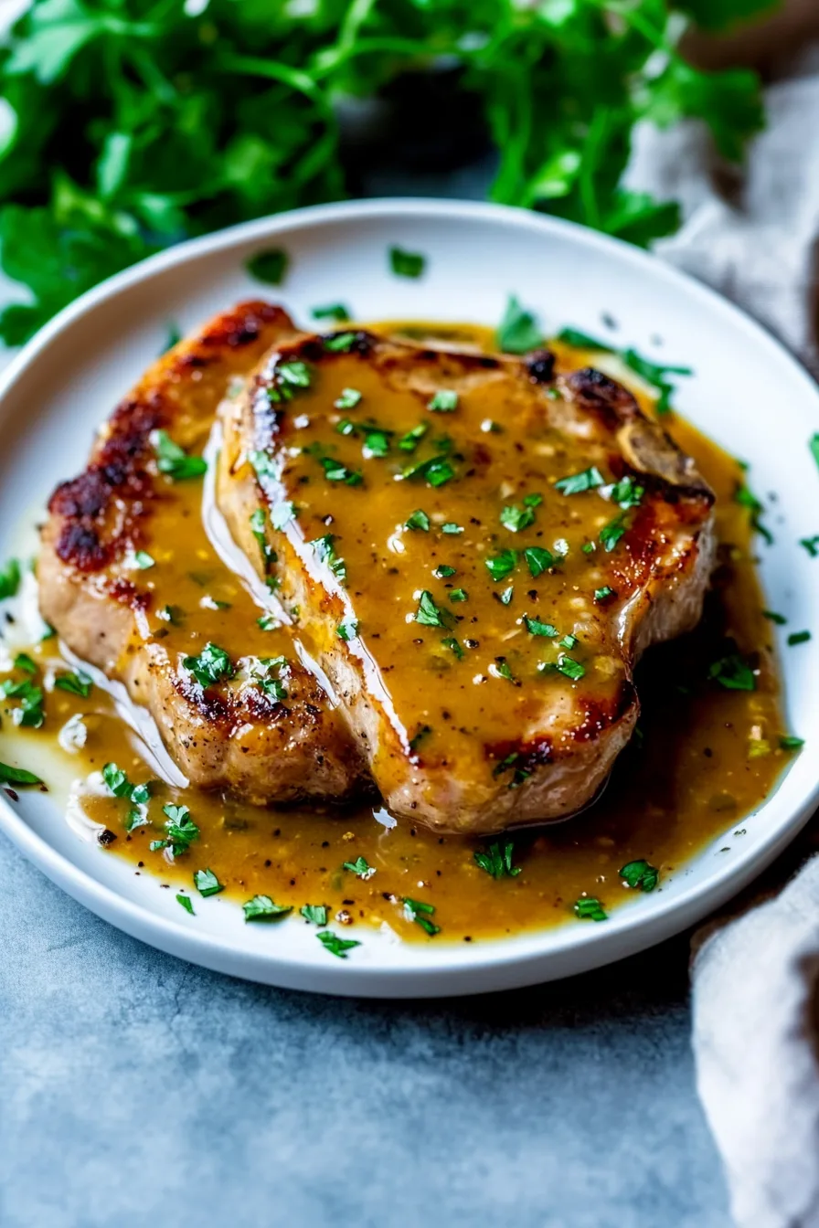 Homemade pork chop dinner topped with caramelized glaze