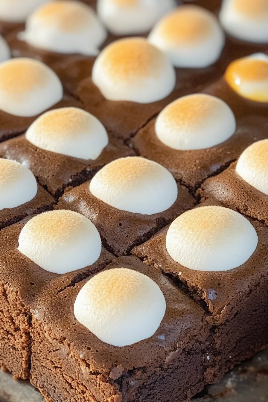 A batch of brownies cooling on parchment paper, each square crowned with marshmallow.