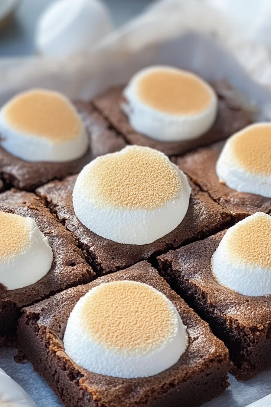 Close-up of rich brownies with melted marshmallow topping and cocoa dusting.