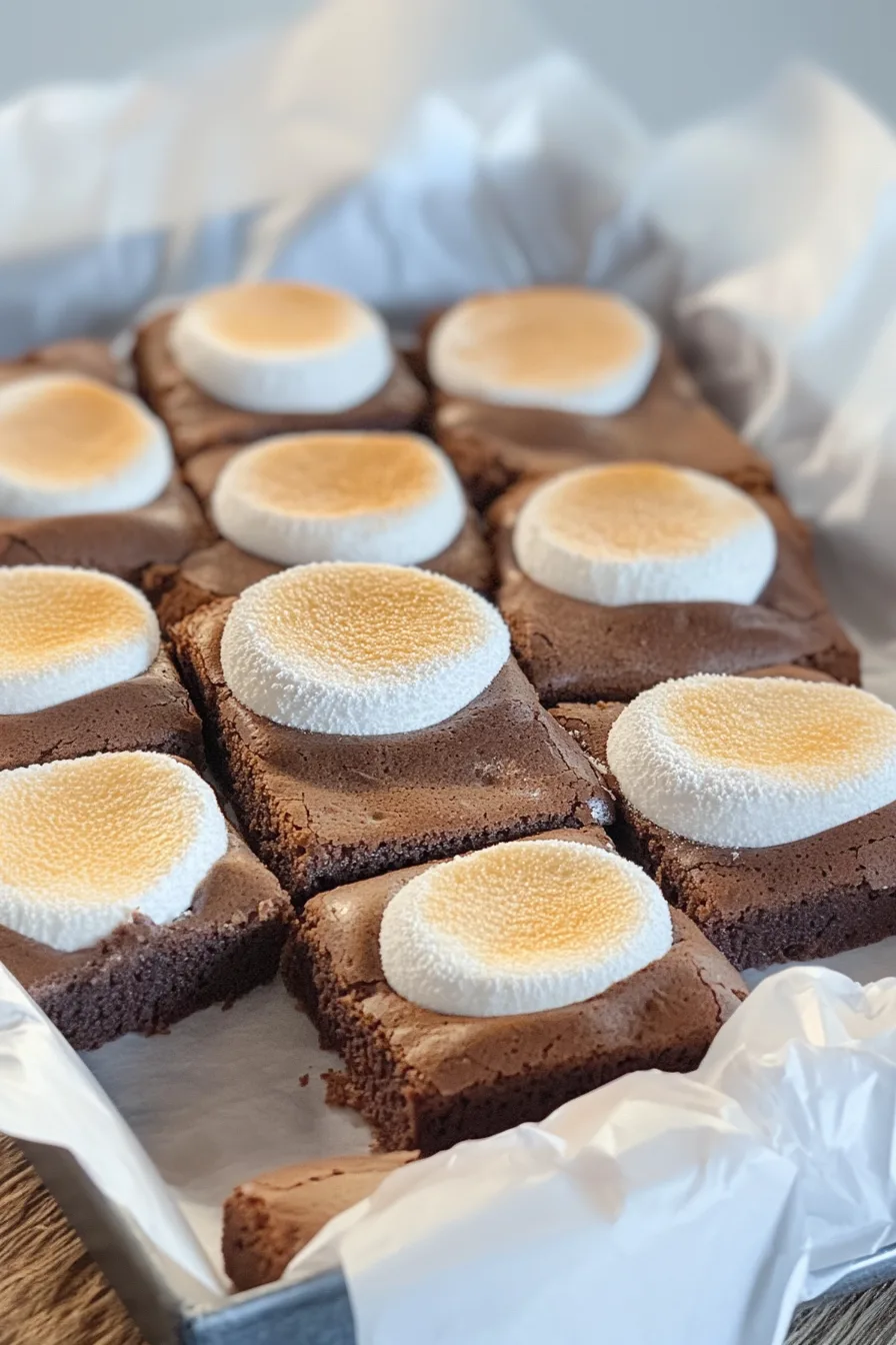 Chocolate brownies with fluffy golden marshmallows on top, ready to serve.