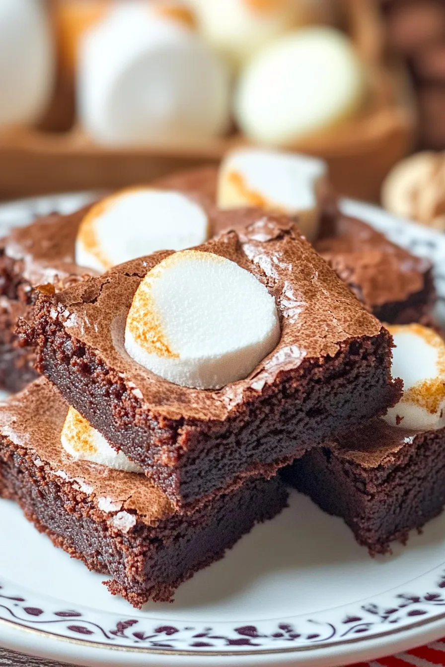 Freshly baked brownies topped with toasted marshmallows, cut into neat squares.