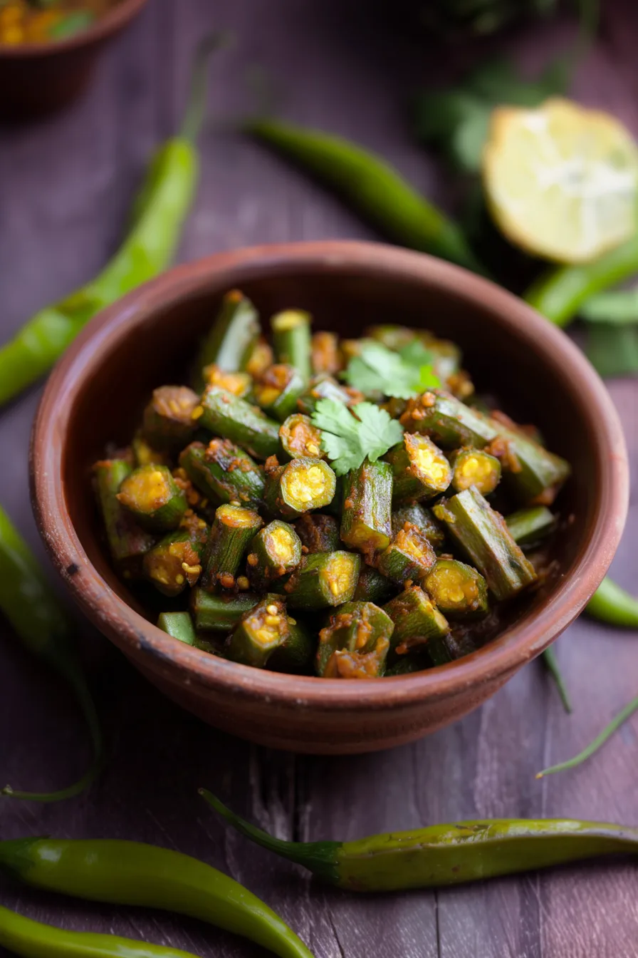 Simple vegetarian okra stir-fry garnished with fresh herbs.