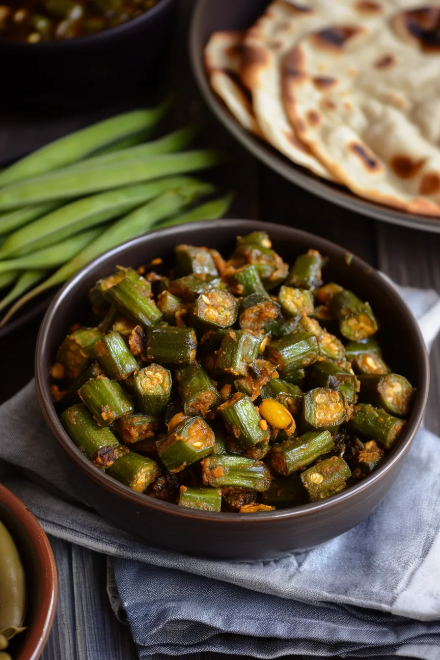 Savory okra side dish presented on a rustic plate.