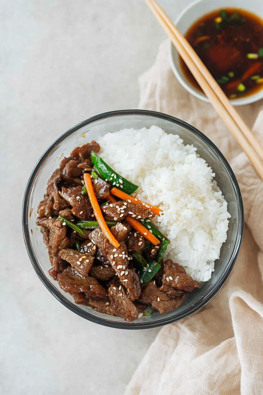 Tender beef in a savory sauce served over steamed rice.