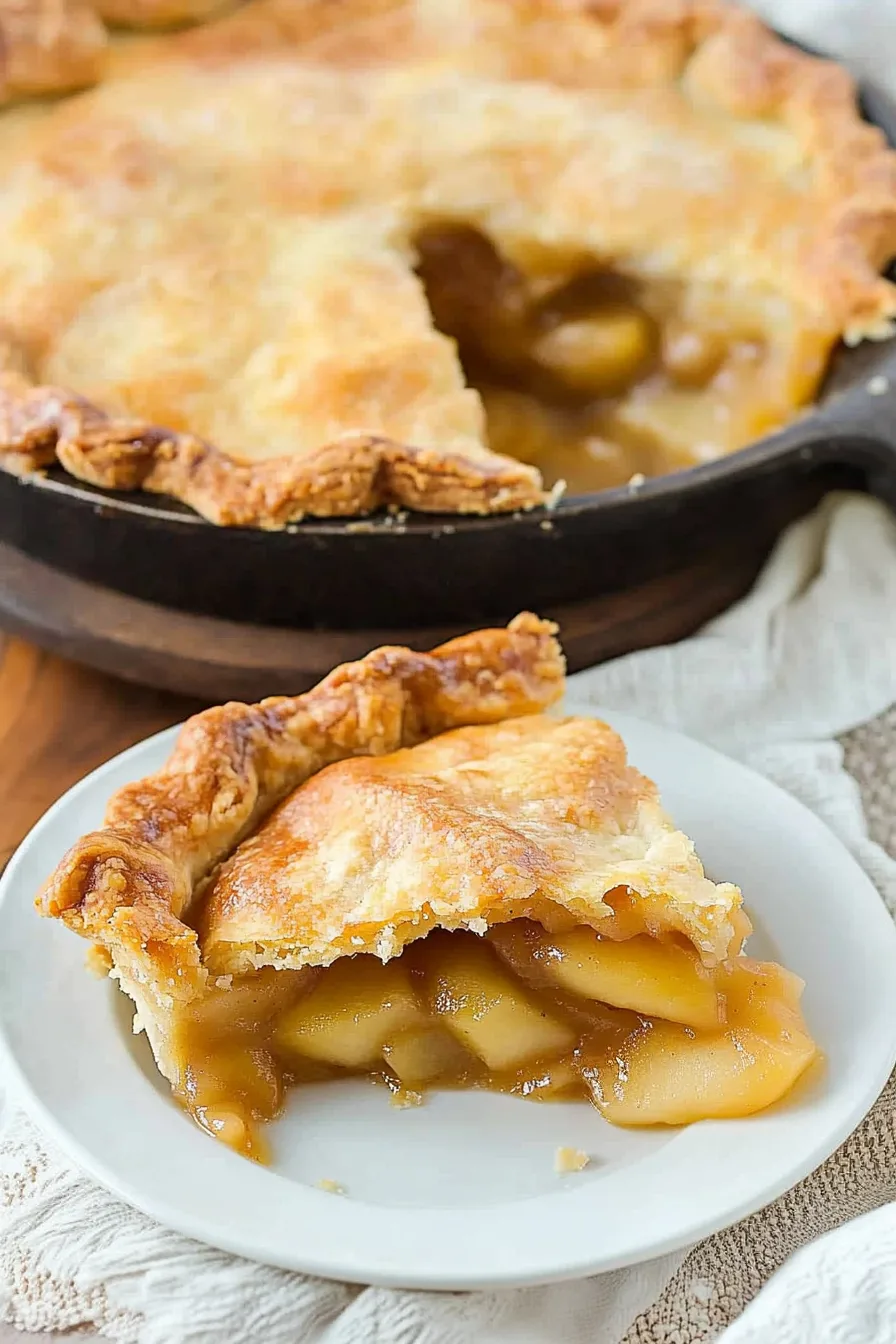 Scooped slice of homemade pie showing tender apple filling inside.