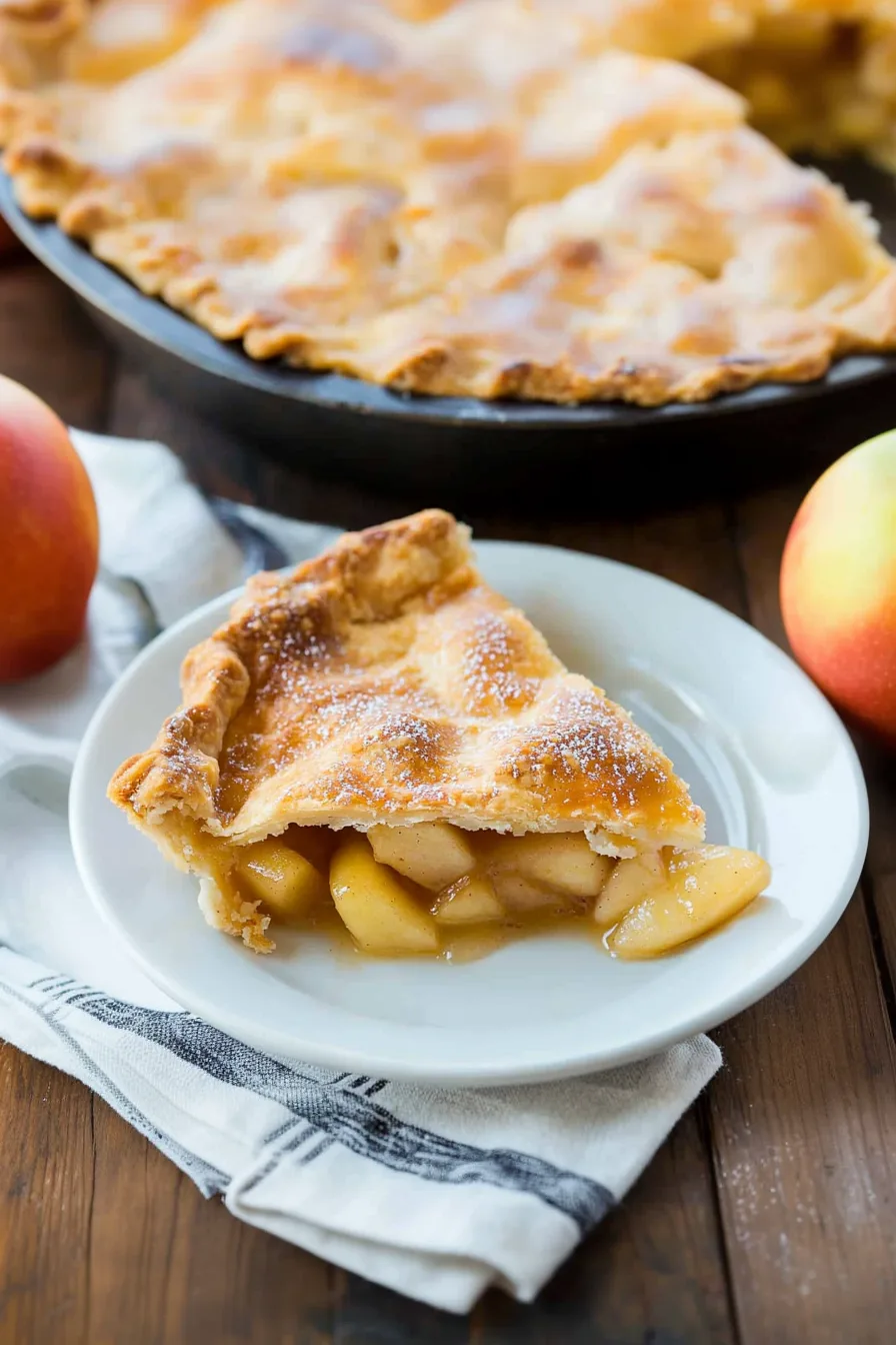 Slice of homemade apple pie on a white plate with golden, flaky crust.