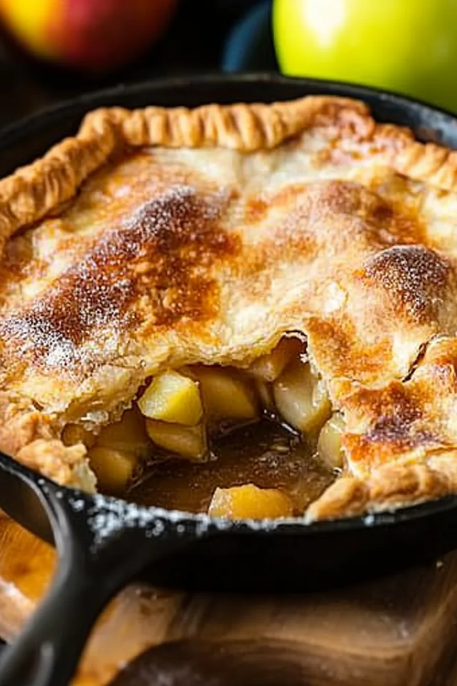 Close-up of a warm apple pie slice topped with flaky pastry layers.