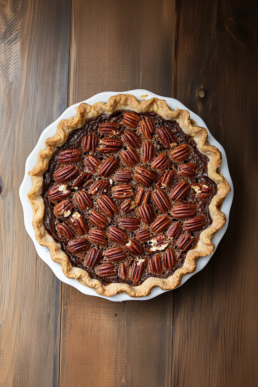 Top view of a freshly baked dessert pie decorated with whole pecans on a caramelized filling.