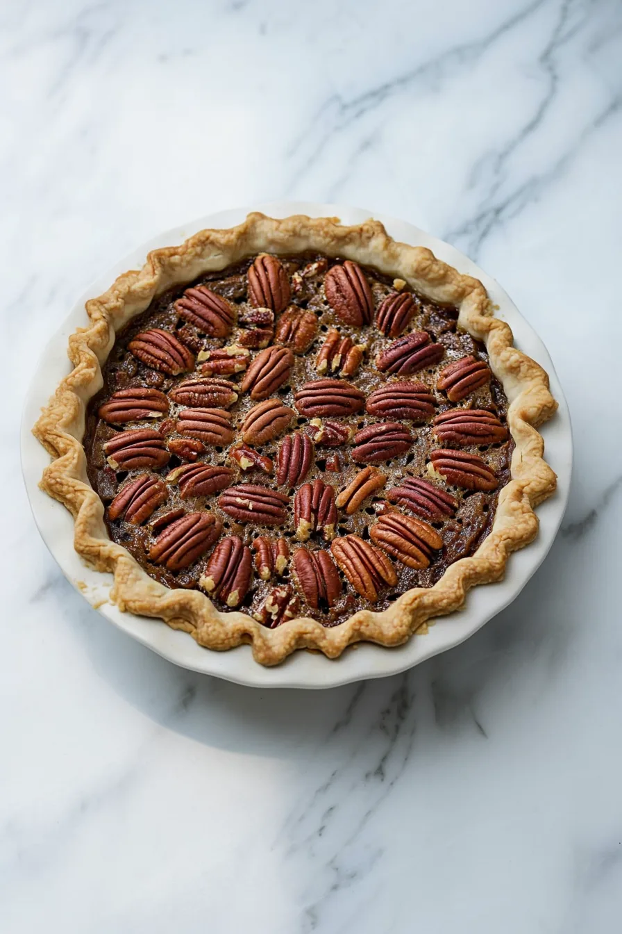 Crisp-edged pie crust filled with a glossy pecan filling, ready to be sliced and served.