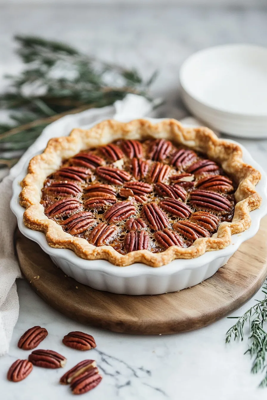 Sweet pecan-studded pie set in a white baking dish on a rustic wooden table.