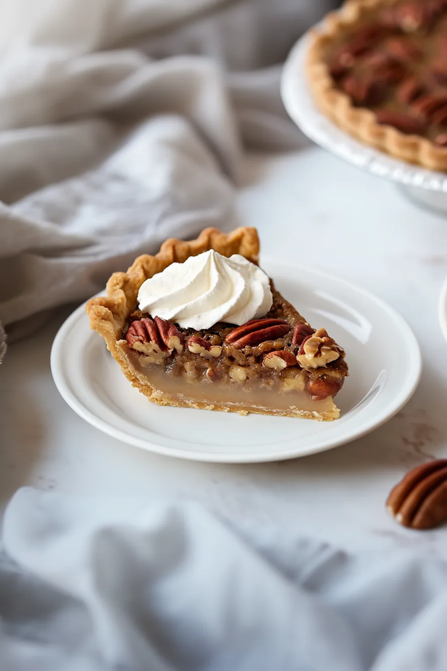 Homemade pie with a golden flaky crust and glossy pecan topping fresh from the oven.