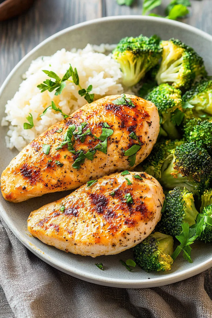 Juicy baked chicken breast sliced and served on a plate.