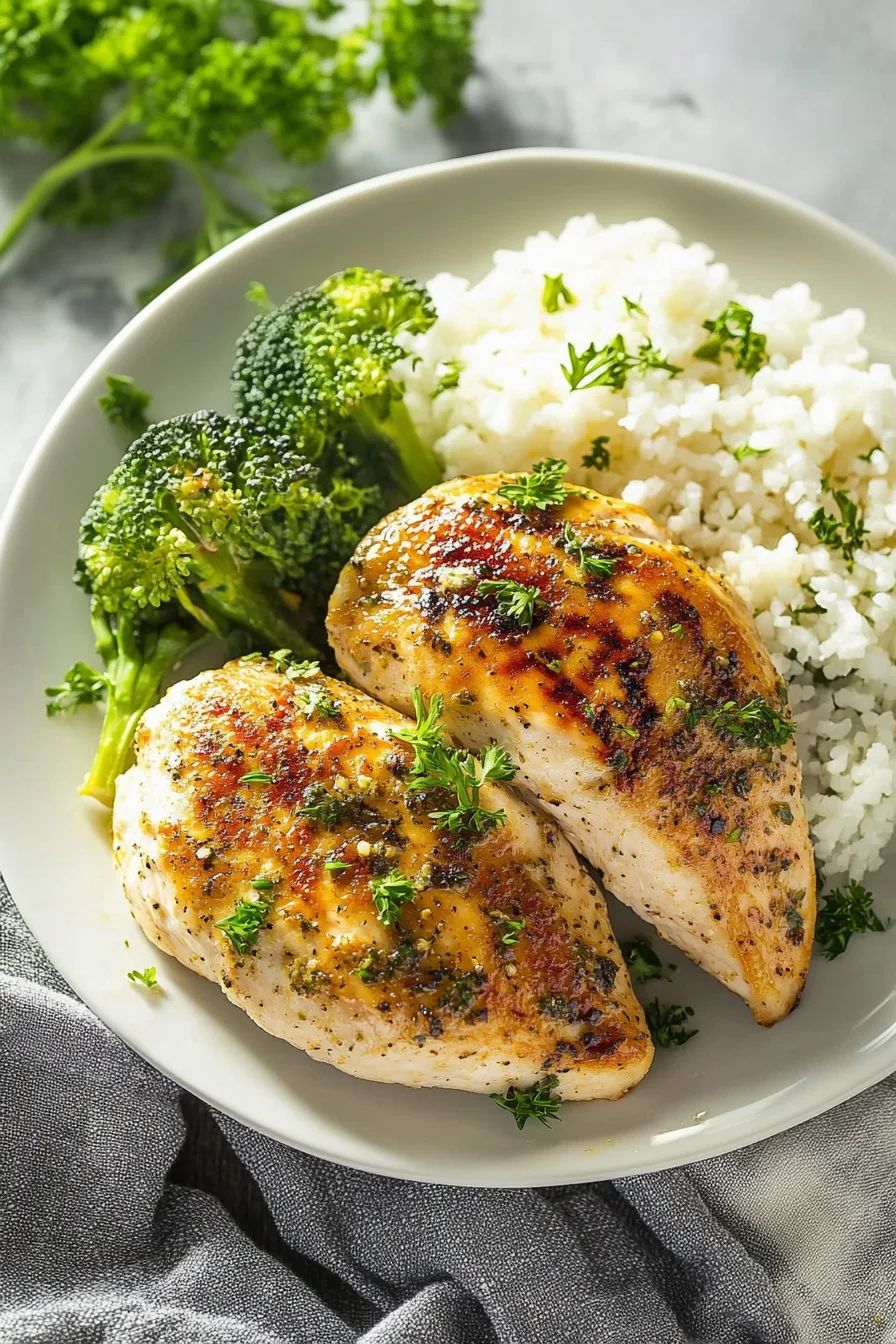 Simple baked chicken breast dinner plated and ready to eat.