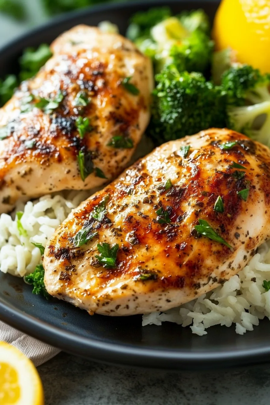 Close-up of perfectly baked chicken showing its moist texture.
