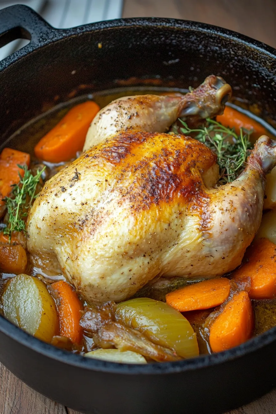 Close-up of tender chicken surrounded by rustic vegetables