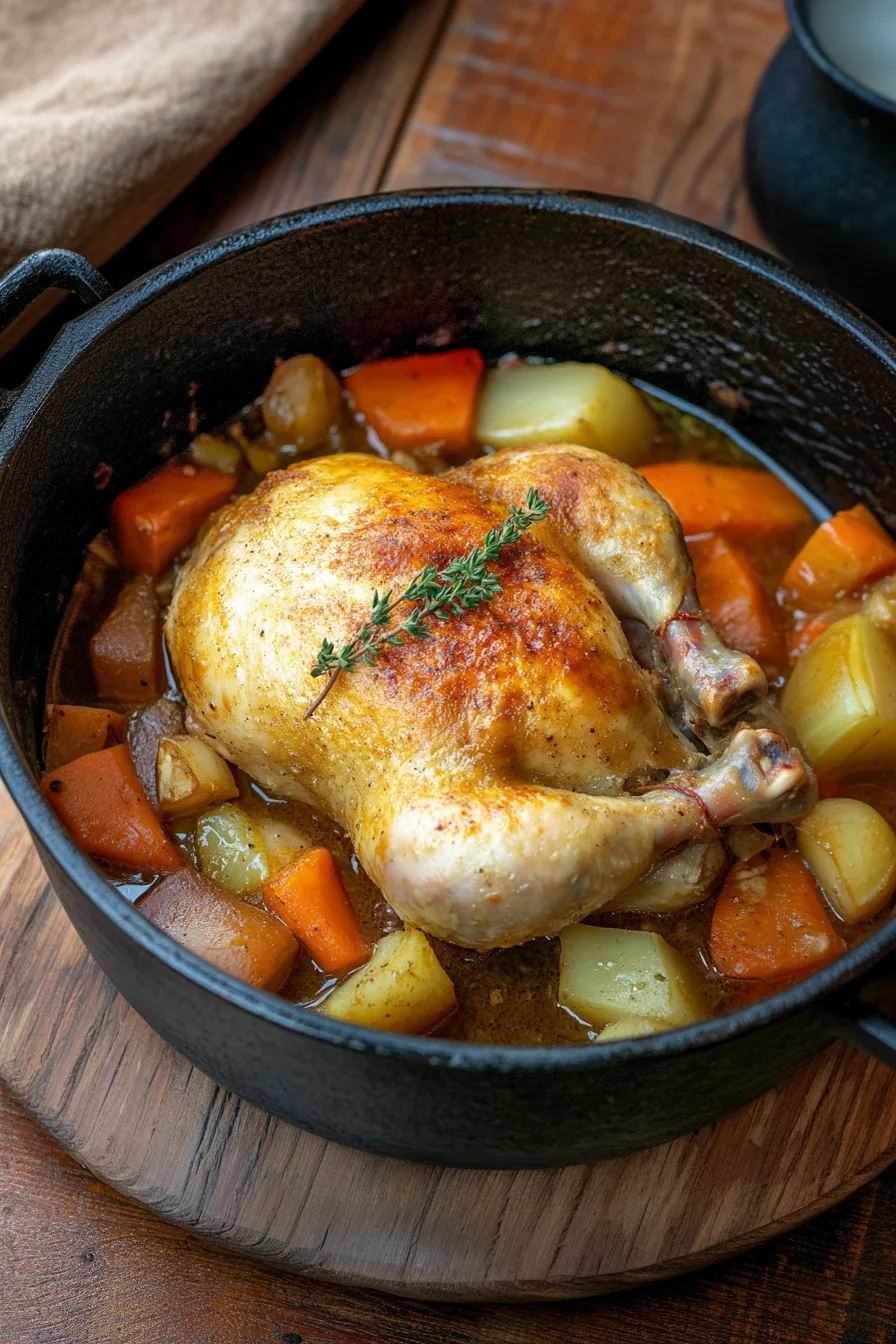 Golden roasted chicken served whole in a pot with vegetables