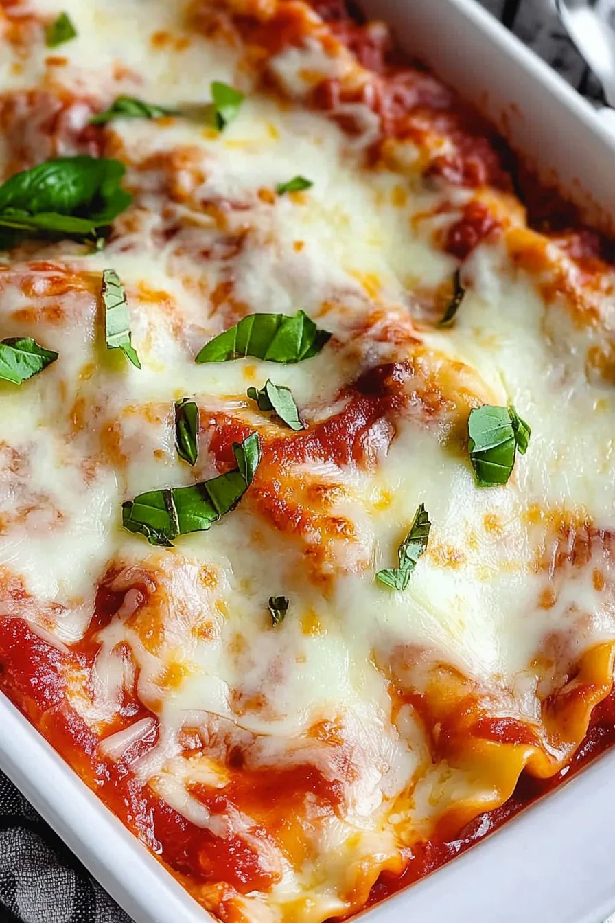 Close-up of cheesy pasta layers with tomato sauce