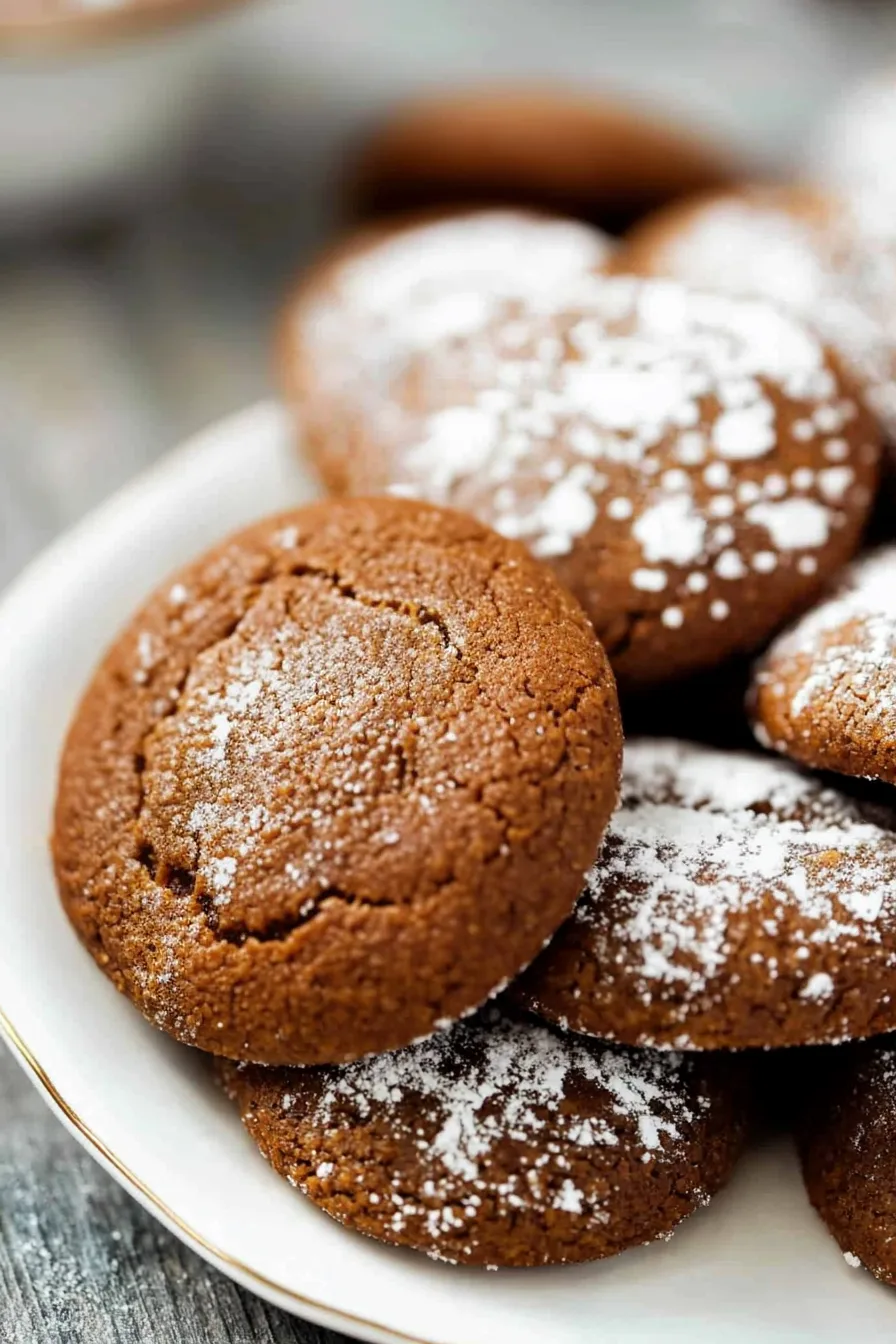 Soft gingerbread-style cookies topped with a dusting of powdered sugar in a snowflake pattern.