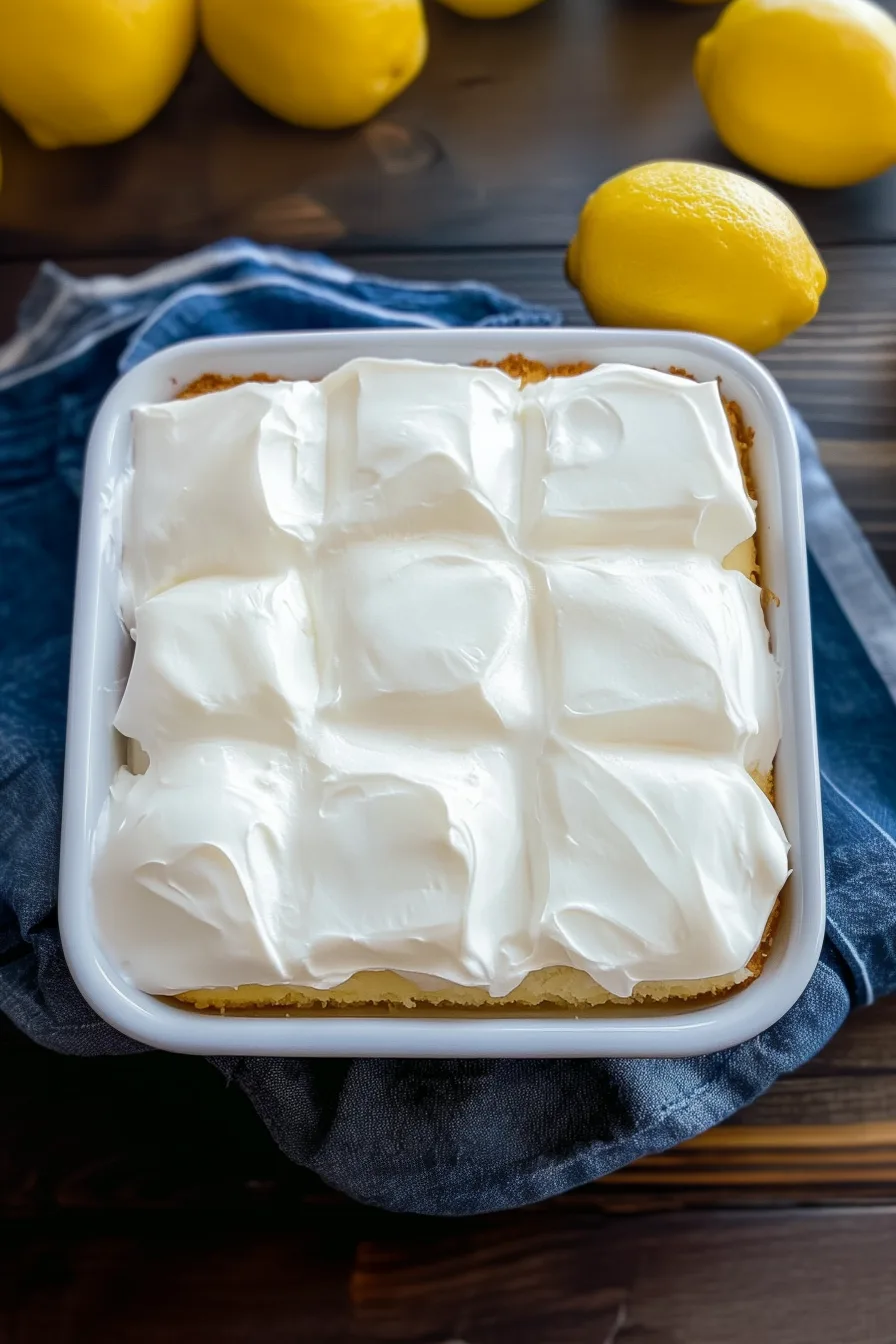Whole lemon refrigerator cake in a dish, ready to serve.