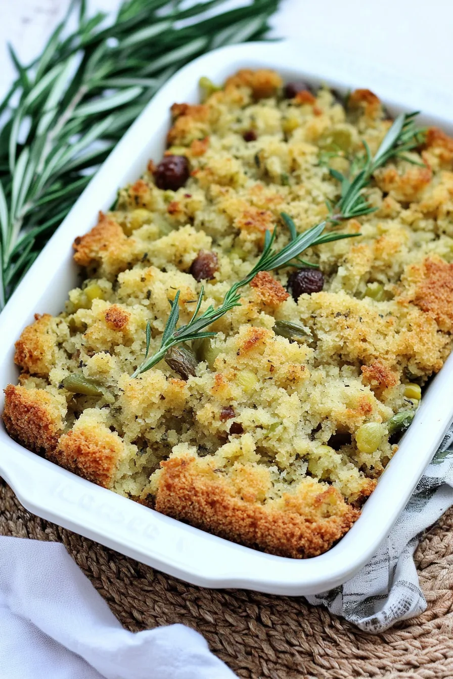 Golden stuffing served in a casserole dish with a crispy top.