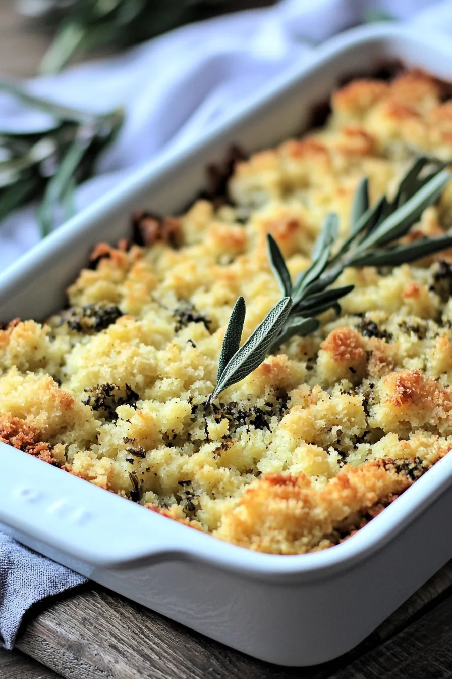 Close-up of moist stuffing with chunks of cornbread and herbs.