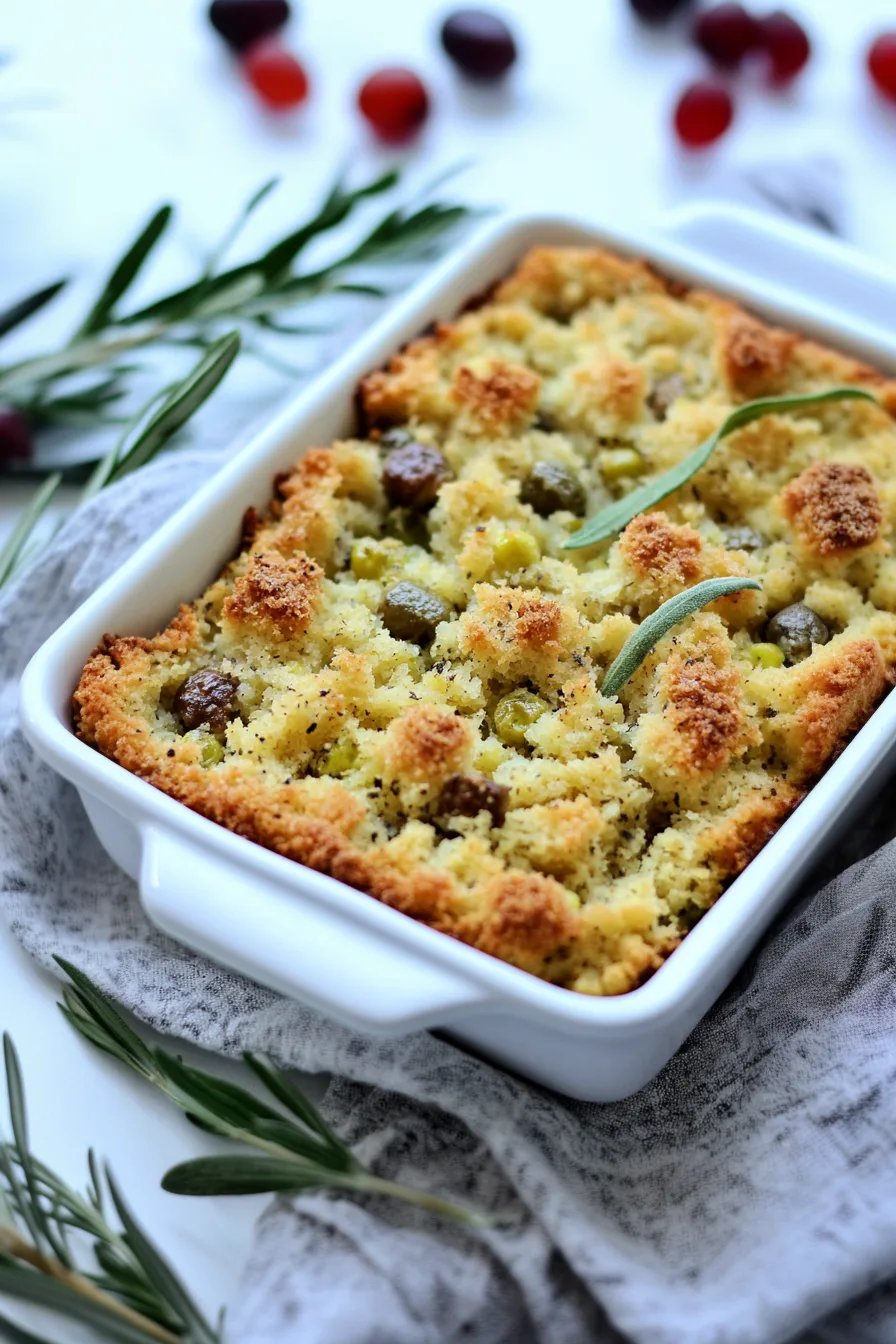 Overhead view of baked stuffing cooling on a wooden board.