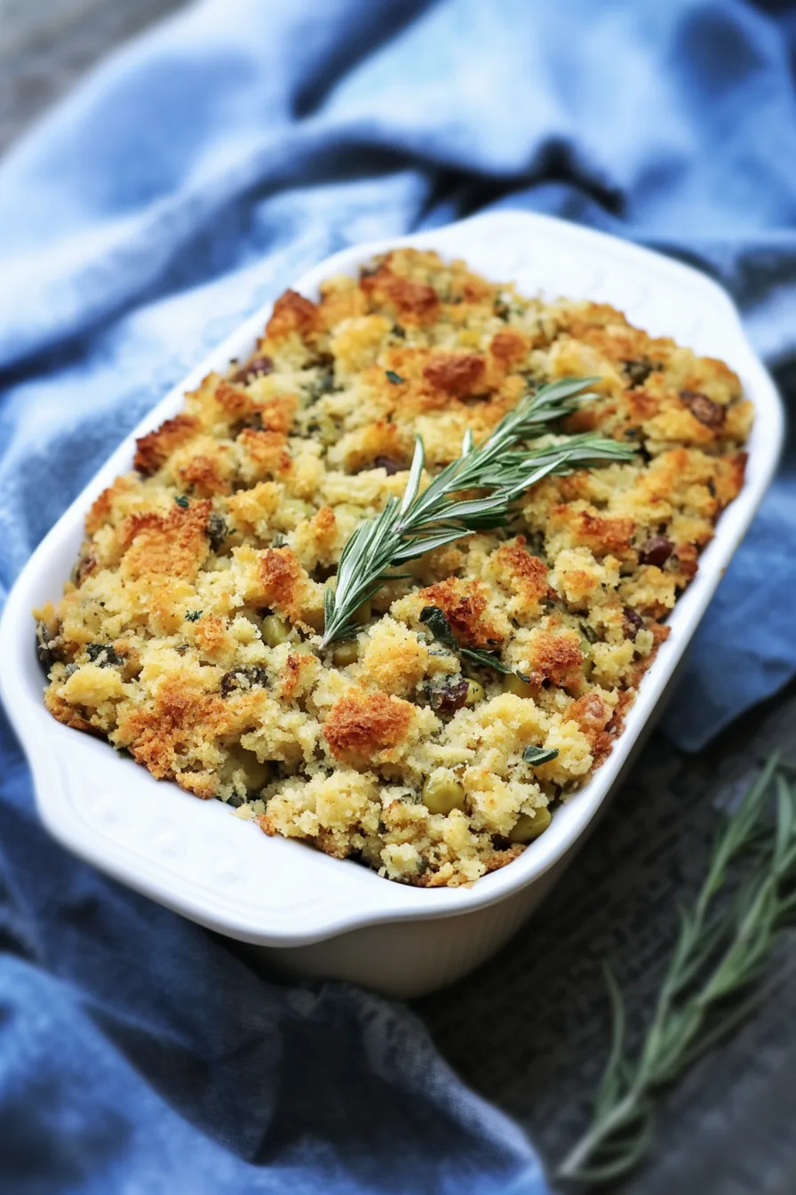 Casserole dish filled with golden baked stuffing topped with herbs.