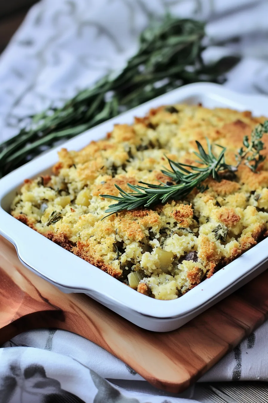 Overhead view of baked stuffing cooling on a wooden surface.