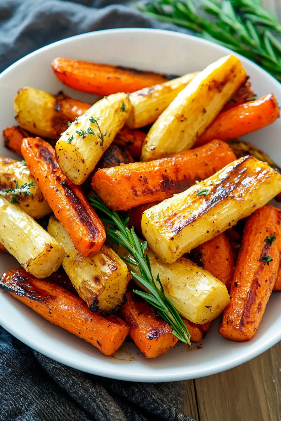 Tender carrots and parsnips with browned edges, ready to serve.
